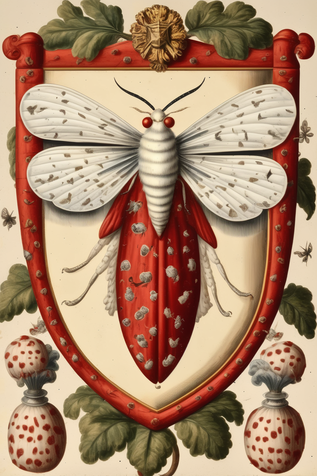 00083-3711524535-_lora_Maria Sibylla Merian Style_1_Maria Sibylla Merian Style - renaissance coat of arms featuring a red speckled white moth on.png